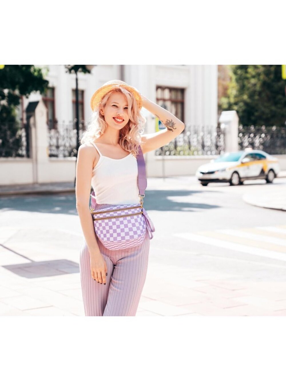 Women's Purple Spacious Checkered Double-Zipper Compartments Crossbody Bags - Picture 2 of 6